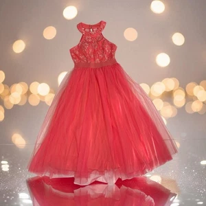 👗 Teeze Me Coral Pink Lace Halter Tulle Dress Size XS/S Prom Formal - Picture 1 of 8