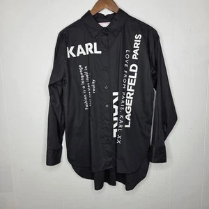 Karl Lagerfeld Limited Edition Spell Out Black Button Up Blouse Size M Statement - Picture 1 of 10