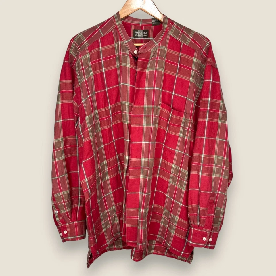 Structure Le Collezioni Linen Cotton Band Collar Shirt Men Large Red Plaid VTG - Image 1 of 4