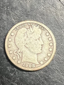 1908-O New Orleans Mint Silver Barber Quarter VG #47 - Picture 1 of 2