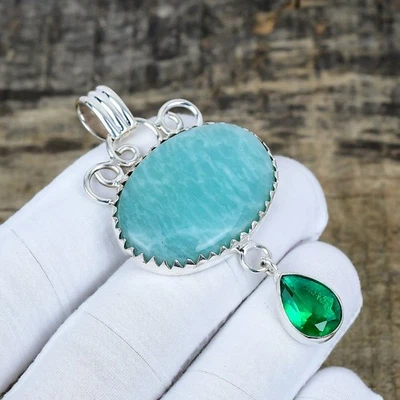 Amazonite Verde Tormalina Gemma Mano 925 Argento Sterling Ciondolo Gioielli - Immagine 1 di 4