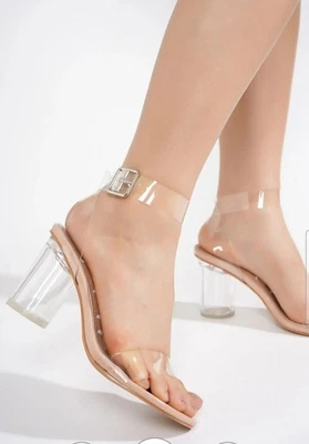 Womens Size 6 Clear Ankle Strap Block Nude Heel Strappy Sandals Shoes Stylish - Image 1 of 4