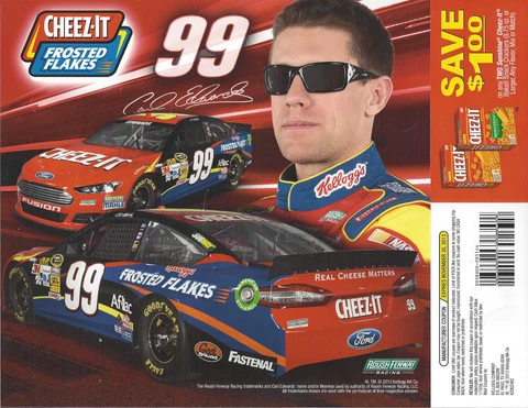 2013 CARL EDWARDS KELLOGGS / CHEEZ IT ROUSH #99 TWO SIDED NASCAR SPRINT POSTCARD Cover