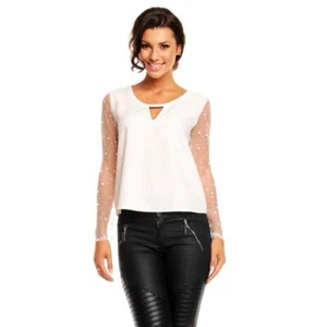 Elegant Long Sleeve Blouse Shirt With Netzstoff-ärmeln White #S795 - Picture 1 of 16