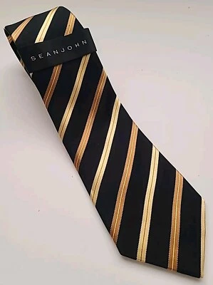 Corbata SEAN JOHN para hombre negra/dorada/bronce a rayas 100 % seda nueva Foto 1 de 4