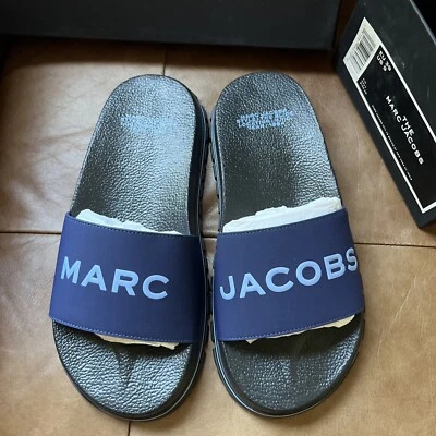 NEW Marc Jacobs Slides The Slide Sandals Logo Slip On Shoes Womens 9 / 39 Navy - Image 1 of 4