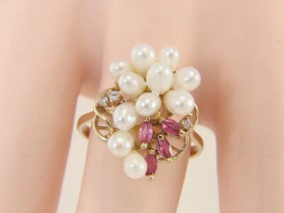 14K Yellow Gold Cultured Pearl, Ruby and Natural Diamond Ring Size 7.25 - Image 1 of 4