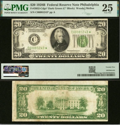 1928B $20 FRN Redeemable in Gold On Demand - PMG 25 -  Rare Philadelphia Star - Image 1 of 4