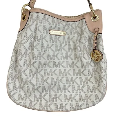 Michael Kors Shoulder Bag Jet Set Monogram Pleated White Tan Signature MK Logo - Image 1 of 4