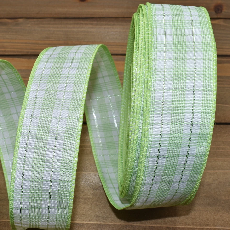 Пастельная зеленая белая серебристая клетчатая проводная лента 1,5 дюйма ширина x 5 ярдов - Изображение 1 из 1