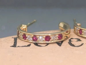 Custom 0.30CTW Diamond & Rubies Simple C-Earrings - 14K Solid Gold - Picture 1 of 16