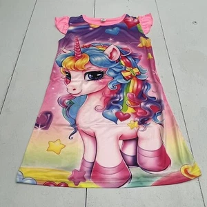 Pink Rainbow Unicorn Pony Fluttter Sleeve Nightgown Youth Girls Size 7-8 - Picture 1 of 7