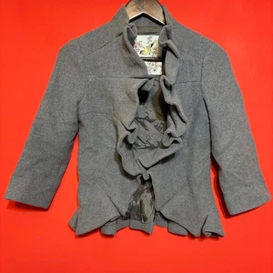 Tabitha Gray Ruffle Front Jacket Size 4 Wool Blend 3/4 Sleeve Cute - Picture 1 of 8