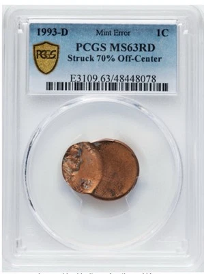 1993-D LINCOLN CENT PENNY 1c MINT ERROR STRUCK OFF CENTER PCGS MS63RD - Image 1 of 2
