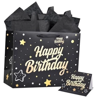  Bolsa de regalo grande de 14"" de lámina dorada bolsa de fiesta de feliz cumpleaños con pañuelo negro Foto 1 de 4