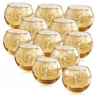  Pcs Votive Candle Holders -Mercury Glass Votives Tea Light Candle 12 Gold - Image 1 of 4