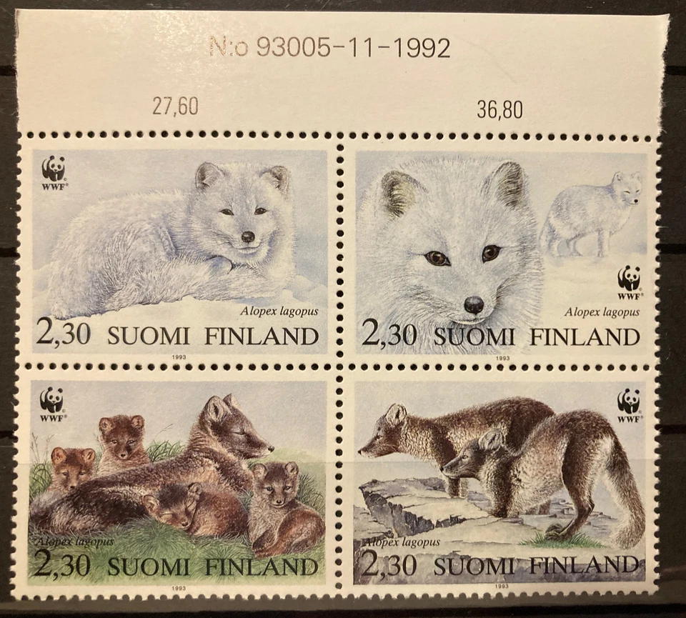 Finland,Arctic fox S.C.#907(a-d) WWF MNH  Complete block of 4 as issued in 1993 - Image 1 of 1
