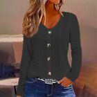 Womens V-Neck Eyelet Loose Fit Basic Tops Button Down Solid Color Causal Blouse