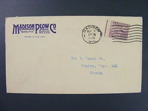 Tarjeta de esquina Madison Plow Co Wisconsin WI en 1933 cubierta Scott 727 vintage agricultura - Imagen 1 de 2