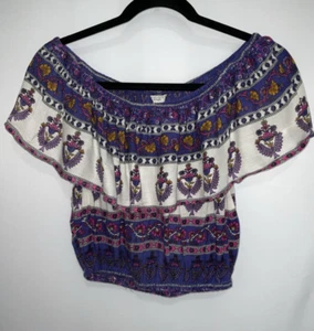 Forever 21 Women's Off Shoulder Purple Floral Ruffle Cropped Top Size Small - Picture 1 of 5