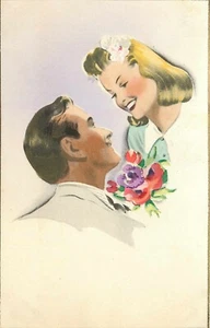 Postcard Mid Century Couple Roses Pin Up Valentine Style France Made Unposted - Imagen 1 de 2