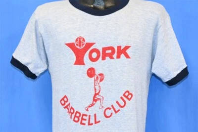 Camiseta vintage años 70 YORK BARBELL CLUB FITNESS CHAMPION BARRA AZUL TIMBRE MEDIANA M Foto 1 de 4