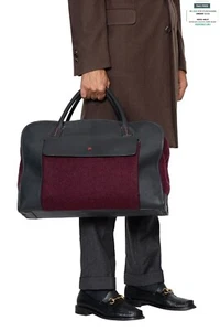 $4500 ISAIA NAPOLI Wine / Gray Large Duffle Bag Travel Weekend Leather / Wool - Picture 1 of 13