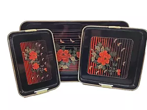 Vintage 3 Piece Black Lacquerware Tray Set Orange Roses Gold Butterflies - Picture 1 of 5