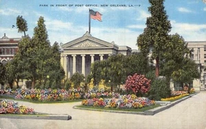 Postal LA: Parque frente a la oficina de correos, Nueva Orleans, Louisiana, lino publicado - Imagen 1 de 3