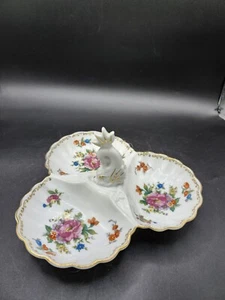 Dresdlina Noritak Relish Candy Dish Dolphin Finial Japan 3 Shells Gold Trim (E) - Picture 1 of 17