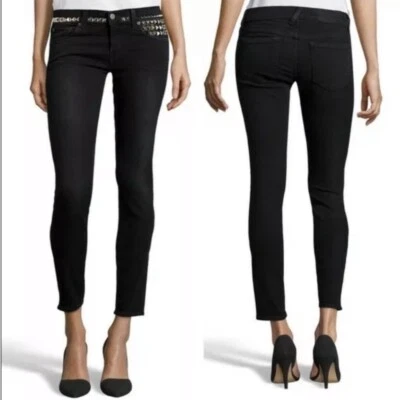Jeans Elizabeth James Textile Ozzy cintura baixa cravejado preto tamanho 26 - Imagem 1 de 4