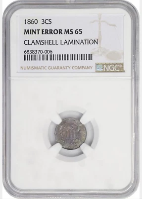 1860 NGC MS65 Clamshell Lamination $1,845-CU Rare 3CS Error! Three Cents Silver - Image 1 of 4