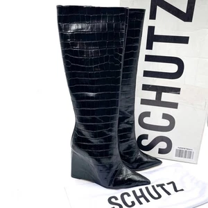 Schutz Asya Up Boots Black Croc Embossed Leather Knee High Wedge Sz 8.5 WIDE - Picture 1 of 11