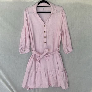 Shine Linen Viscose Belted Shirt Dress Pink Size 12  - Picture 1 of 8