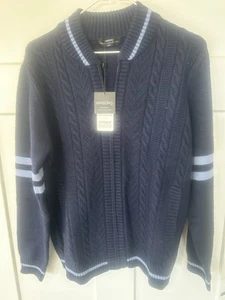 Maison J. nuova con etichetta Maglione cardigan blu e bianco stile Varsity con zip e zip S - Foto 1 di 7