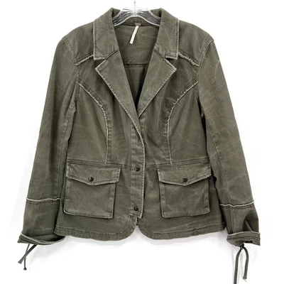 FREE PEOPLE женщин M армия зеленый 3-Snap на шнуровке рукава оборки назад куртка блейзер - Изображение 1 из 4