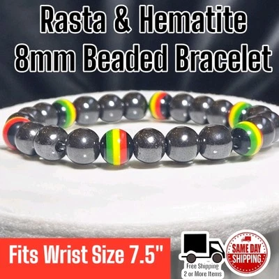 Hematite / Rasta Beads Design 8mm Beaded Bracelet Wrist Sz 7.5 Style #2 - Image 1 of 2