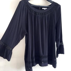 Top túnica negro Honey Punch talla grande 3X inserciones de ganchillo mangas largas para mujer - Imagen 1 de 13