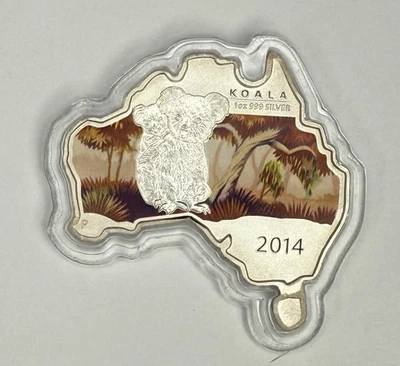 Moneda de plata 0,999 2014 1 oz Australia Perth Mint KOALA en forma de mapa australiano Foto 1 de 2
