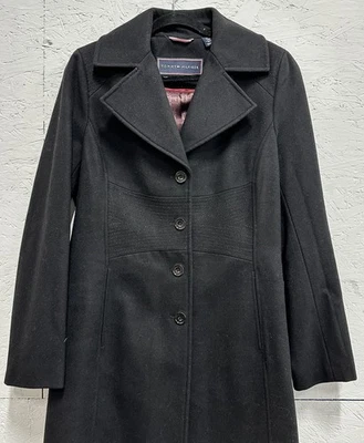 Casaco de lã preto feminino Tommy Hilfiger tamanho M detalhe de cintura coquete midi novo sem etiquetas - Imagem 1 de 4