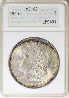 Dólar de plata Morgan 1890 ANACS MS-62 "losa ANA" Foto 1 de 2