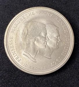 1967 Denmark 10 Kroner 0.8000 Silver ASW 0.5247 Oz Free Shipping - Picture 1 of 2
