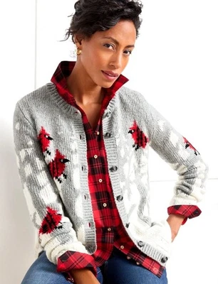 Talbots Holiday "Snow Cardinals" Crewneck Cardigan Sweater-Size 3X Gray Buttons - Image 1 of 4