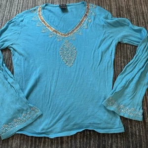 VTG FUBU Collection Shirt Y2K Top Womens M Rhinestone Sequin Long Bell Sleeve V - Picture 1 of 17