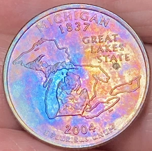 2004-D Michigan State Quarter Beautiful Lustrous Rainbow Toned Coin BU #16 - Picture 1 of 12
