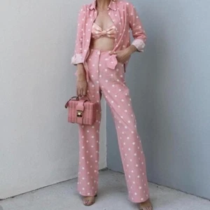 Zara Pink Polka Dot Linen Blend Trousers Pants Size Small Ref 2894 665 - Picture 1 of 16