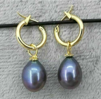 PENDIENTES COLGANTES PERFECTOS NATURALES 8-9MM PERLAS NEGRAS MAR DEL SUR CHAPADOS EN ORO 14K Foto 1 de 4