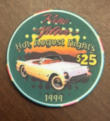 1999 Reno Hilton Casino “Hot August Nights” $25 Poker Chip White  CORVETTE SALE! - Image 1 of 4
