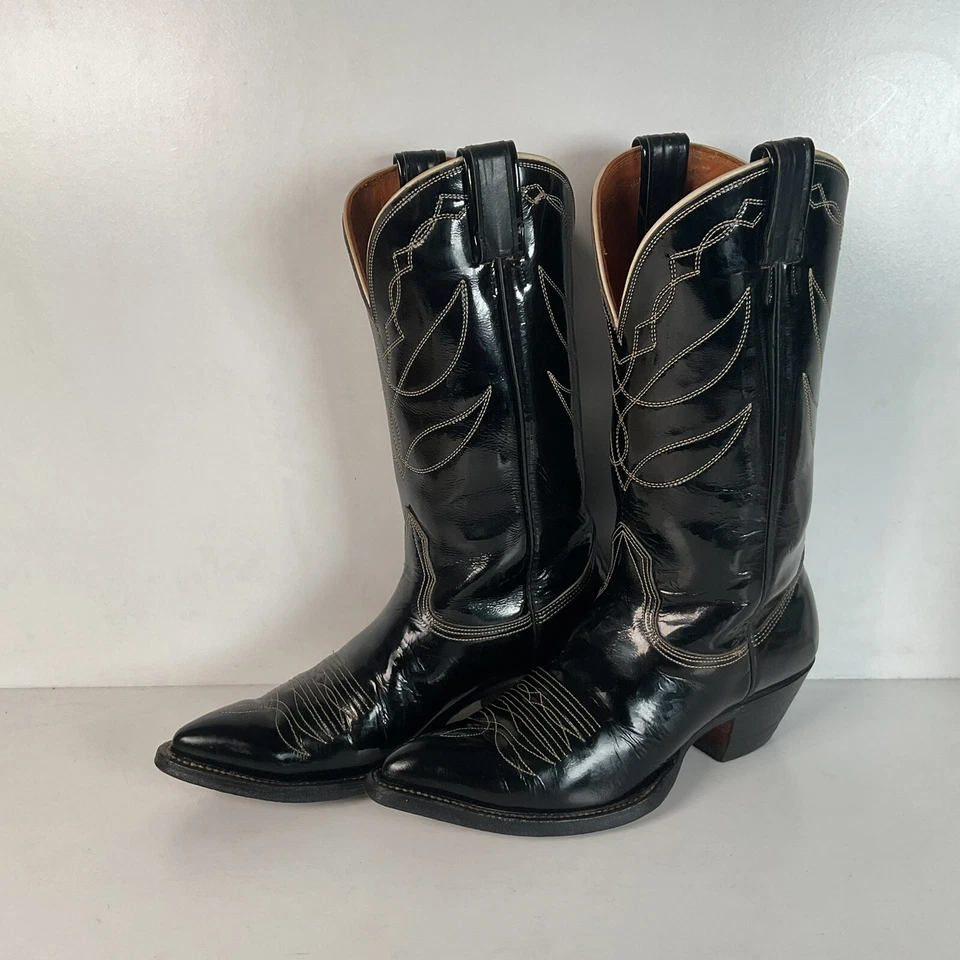 Vintage Nocona Patent Leather Cowboy Boots 9 D Glossy Old Black Label - Image 1 of 4