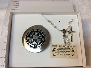 FIRST COMMUNION ROSARY & SILVER CASE NEW IN WHITE GIFT BOX GREAT GIFT! - Picture 1 of 2